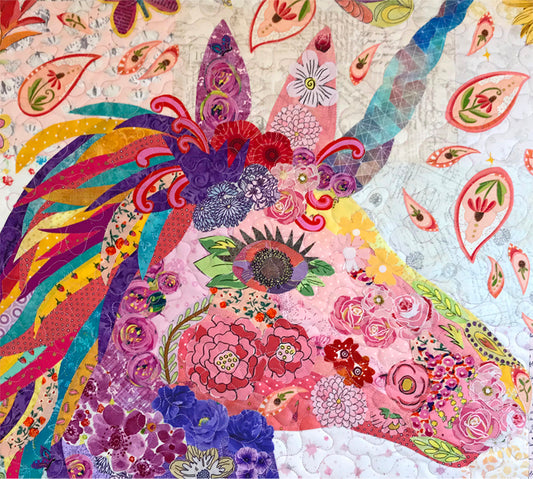 Close up of the head from Nola A Unicorn Collage Quilt