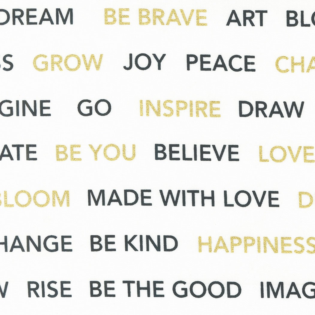 Gilded Kind Words Text Paper Gold Metallic Fabric - 19" REMNANT CUT - Moda 11536-15M, Black and White Floral Fabric