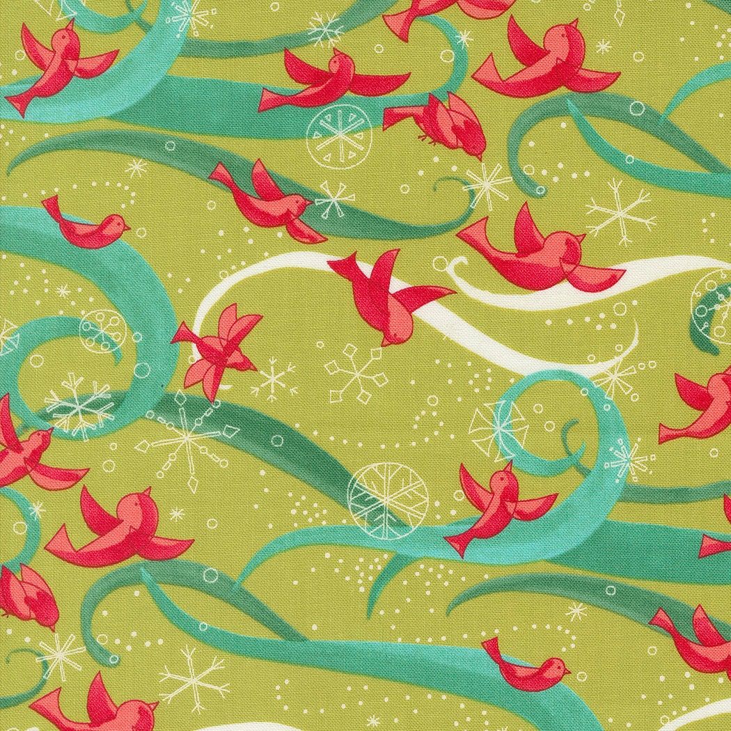 Winterly Chartreuse Green Birds with Ribbons Fabric - Moda Fabrics 48761-12, Christmas Themed Birds and Snowflakes Fabric By the Yard