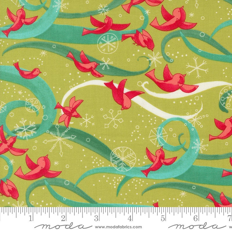 Winterly Chartreuse Green Birds with Ribbons Fabric - Moda Fabrics 48761-12, Christmas Themed Birds and Snowflakes Fabric By the Yard