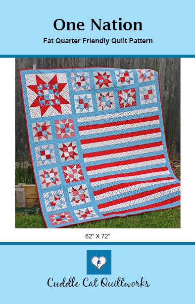 One Nation Quilt Pattern PDF Version - Cuddle Cat Quiltworks CCQ085, Fat Quarter Friendly Patriotic Quilt Pattern with Stars & Stripes