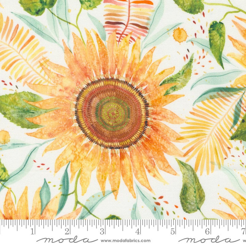 Floribunda Sunflower Power Large Floral Watercolor Fabric - Moda 39802-11, Sunflower Floral Watercolor Fabric By the Yard