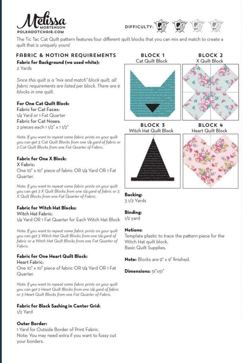 Tic Tac Cat Quilt Pattern - Melissa Mortenson PDC4731, Cat Quilt Pattern - Cat Lover Quilt Pattern, Cat Throw or Wall Quilt Pattern