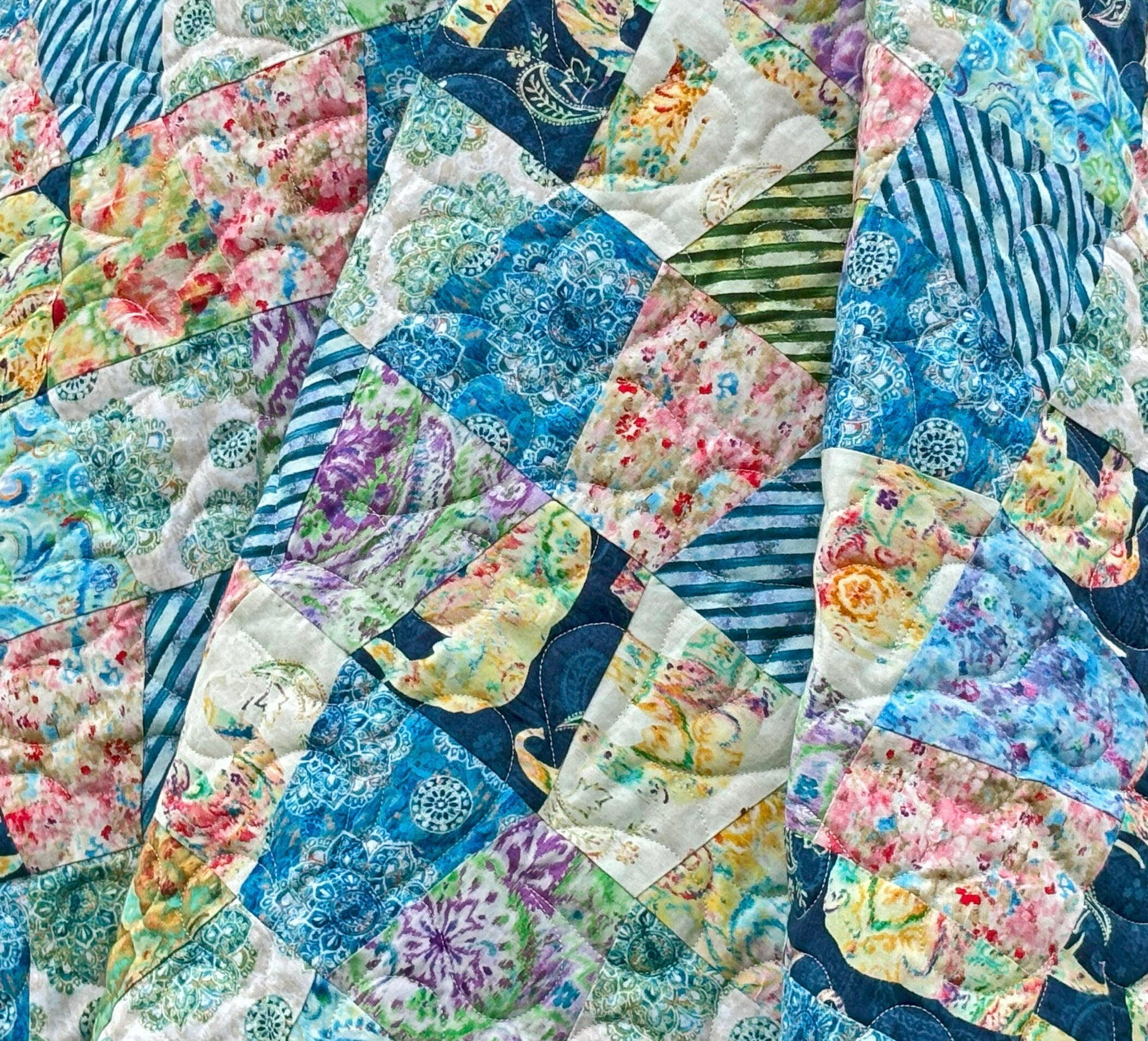 Blue Yellow Green Boho Tumbler Throw Quilt, Handmade Tumbler Quilt, Large Throw Quilt with Bohemian Style Fabric size 70" X 71"
