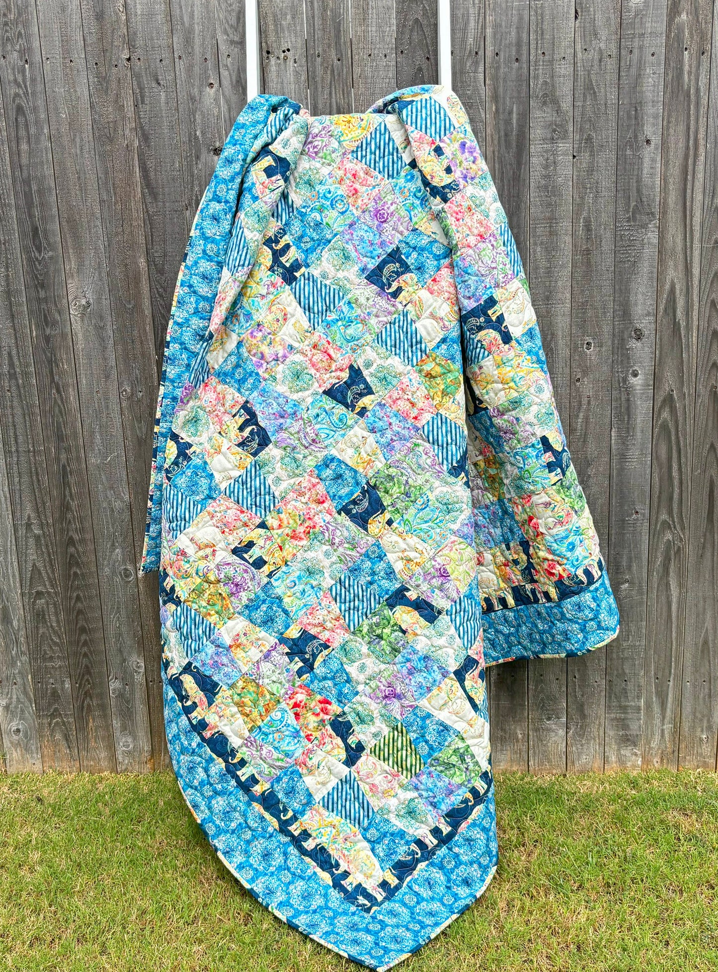 Blue Yellow Green Boho Tumbler Throw Quilt, Handmade Tumbler Quilt, Large Throw Quilt with Bohemian Style Fabric size 70" X 71"