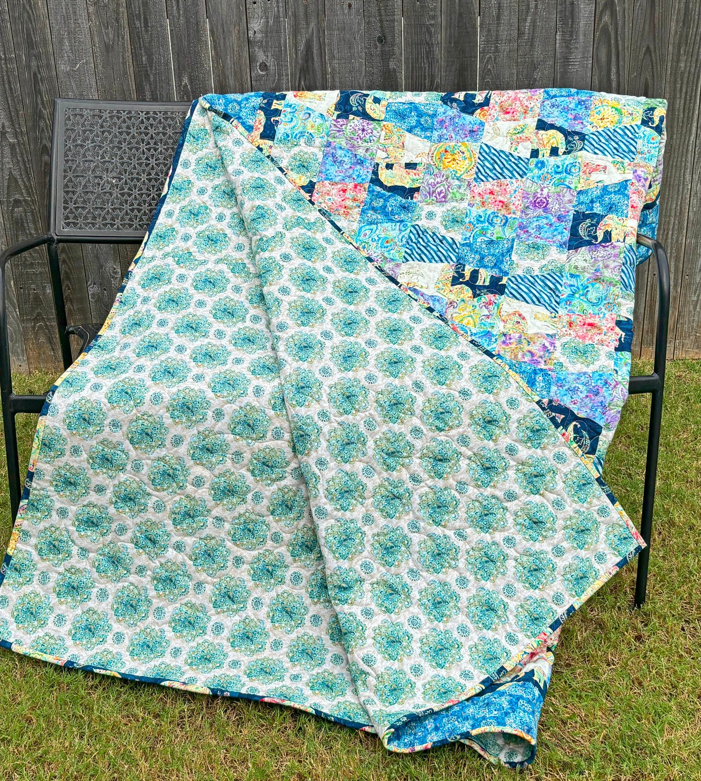 Blue Yellow Green Boho Tumbler Throw Quilt, Handmade Tumbler Quilt, Large Throw Quilt with Bohemian Style Fabric size 70" X 71"