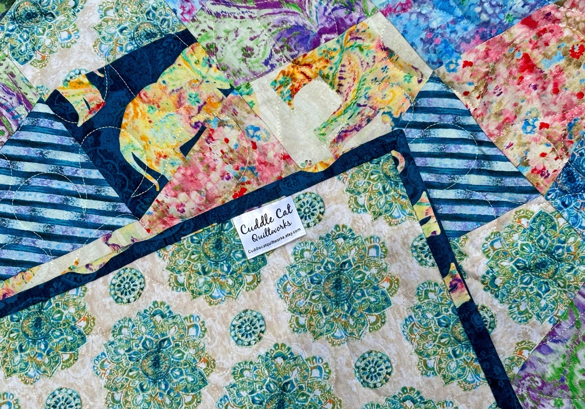 Blue Yellow Green Boho Tumbler Throw Quilt, Handmade Tumbler Quilt, Large Throw Quilt with Bohemian Style Fabric size 70" X 71"