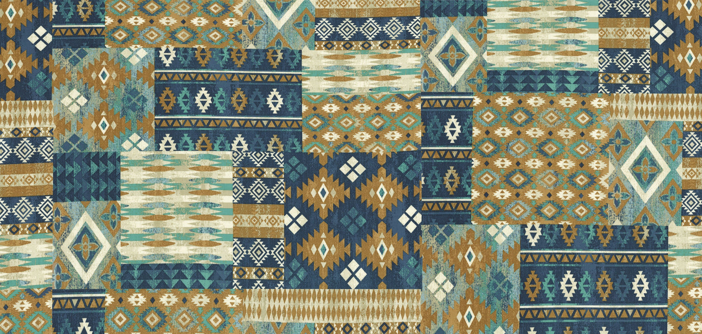 Saddle Ranch Western Patchwork Fabric - Moda 33798-11, Southwestern Cowboy Themed Fabric, Teal and Gold Western Themed Fabric By the Yard