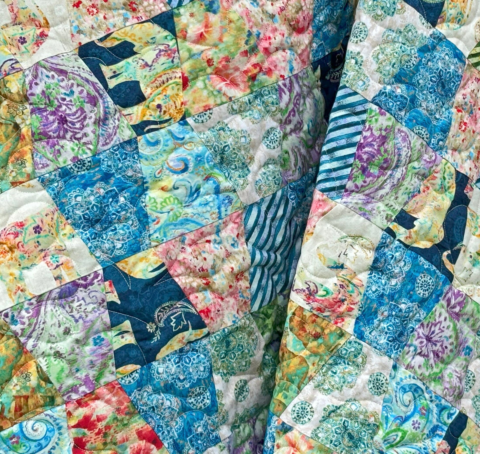 Blue Yellow Green Boho Tumbler Throw Quilt, Handmade Tumbler Quilt, Large Throw Quilt with Bohemian Style Fabric size 70" X 71"