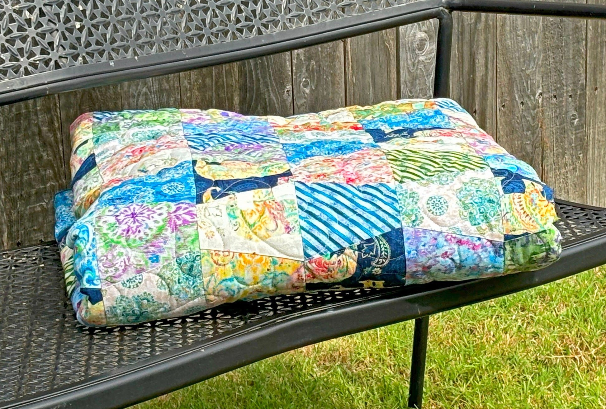 Blue Yellow Green Boho Tumbler Throw Quilt, Handmade Tumbler Quilt, Large Throw Quilt with Bohemian Style Fabric size 70" X 71"