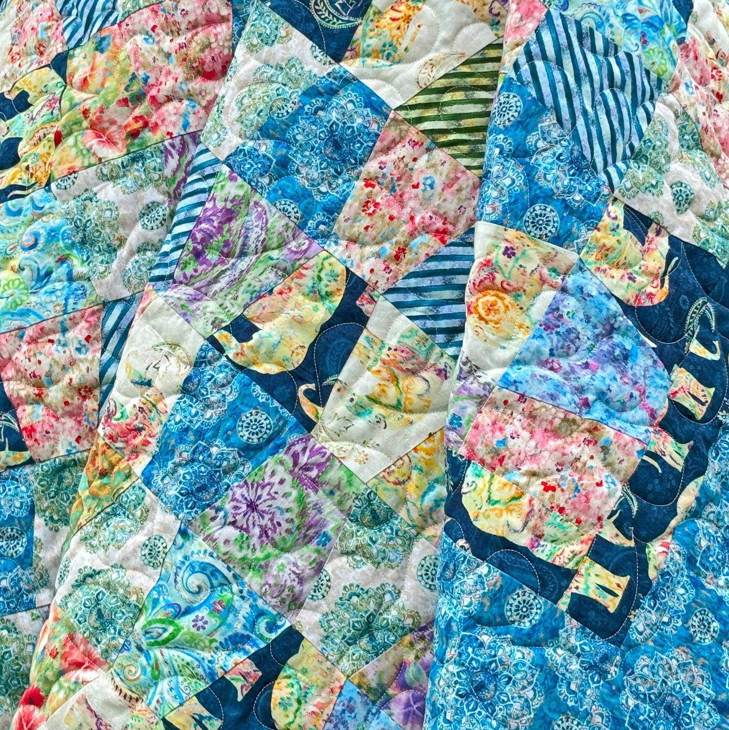 Blue Yellow Green Boho Tumbler Throw Quilt, Handmade Tumbler Quilt, Large Throw Quilt with Bohemian Style Fabric size 70" X 71"