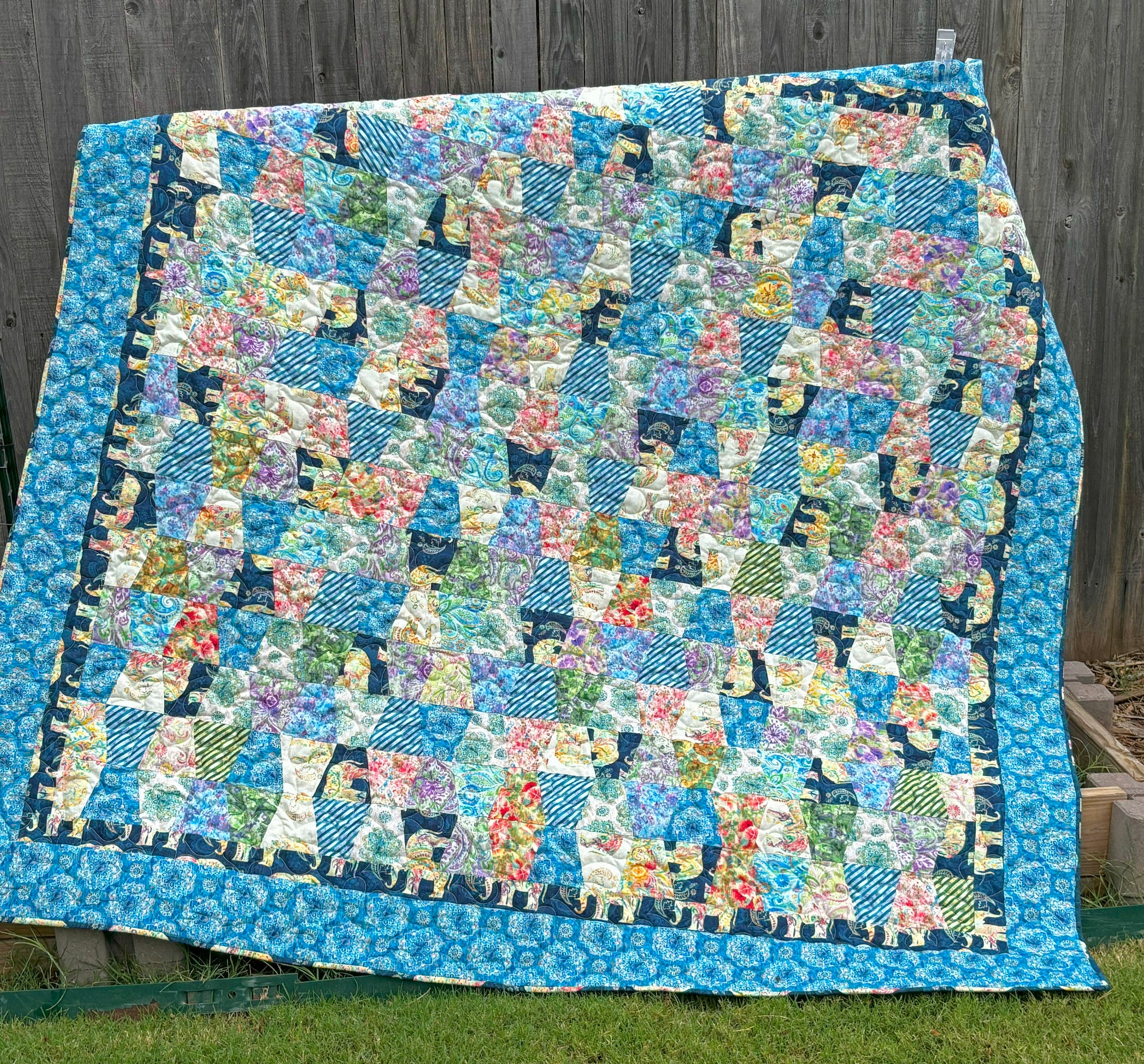 Blue Yellow Green Boho Tumbler Throw Quilt, Handmade Tumbler Quilt, Large Throw Quilt with Bohemian Style Fabric size 70" X 71"