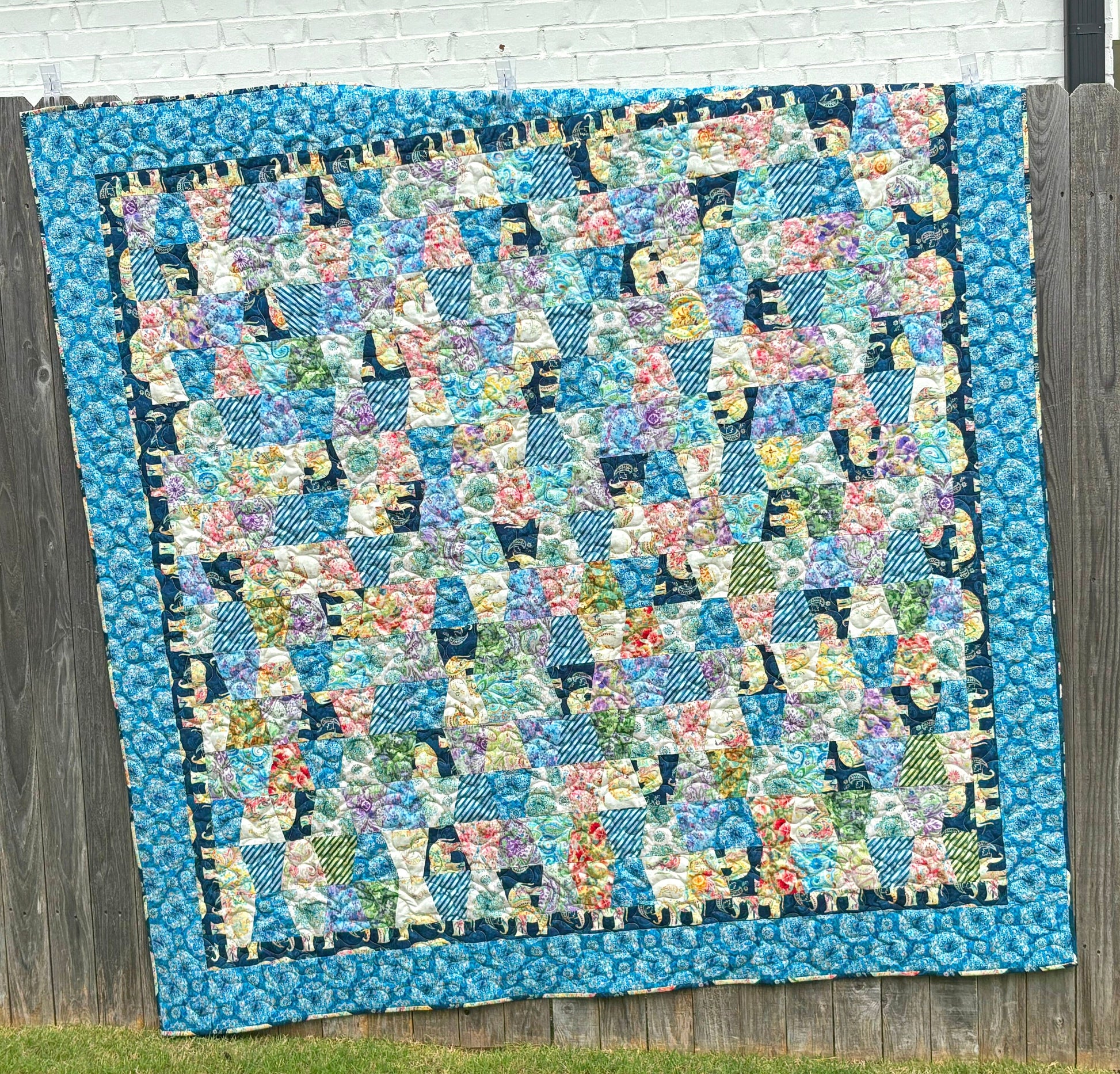 Blue Yellow Green Boho Tumbler Throw Quilt, Handmade Tumbler Quilt, Large Throw Quilt with Bohemian Style Fabric size 70" X 71"