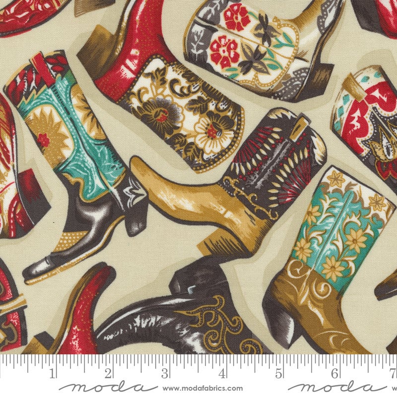 Saddle Ranch Boot Scootin Cowboy Boots Trail Dust Fabric - Moda 33791-12, Tan Cowboy Western Themed Fabric By the Yard