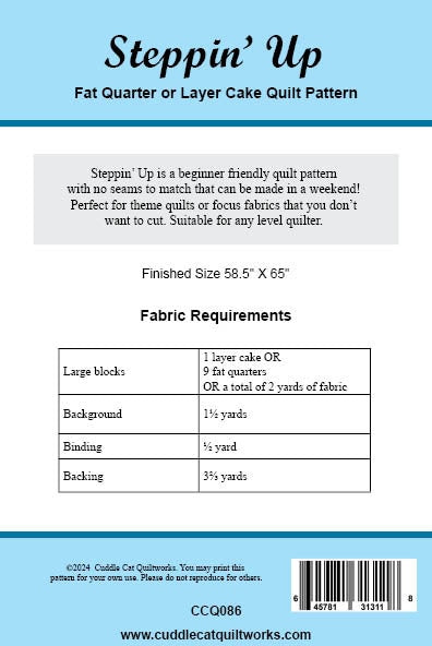 Steppin' Up Quilt Pattern PDF Version, Cuddle Cat Quiltworks CCQ086, Fat Quarter or Layer Cake Quilt Pattern, Large Block Quilt Pattern