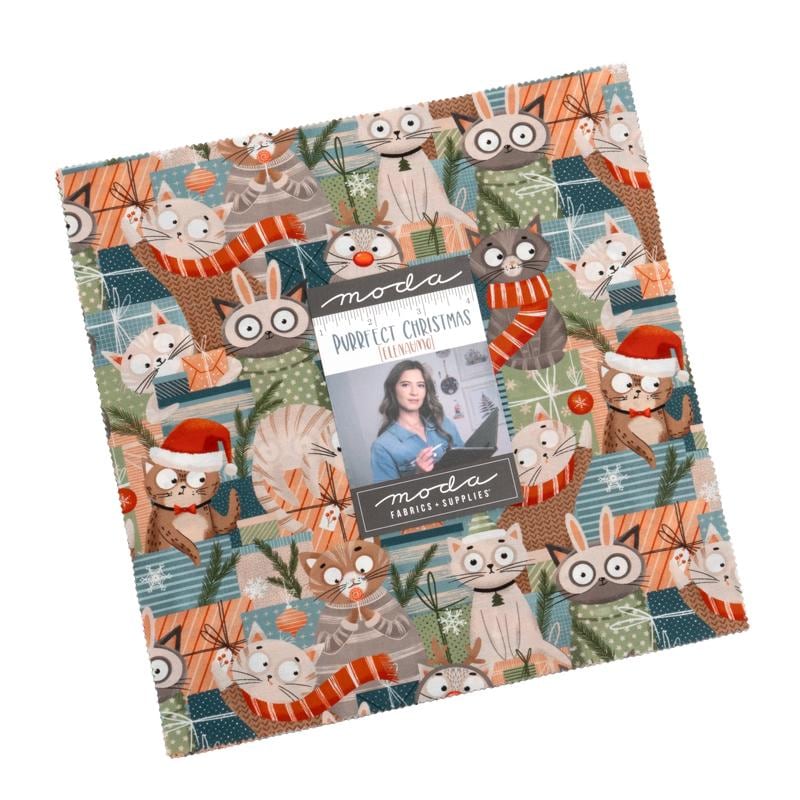 Purrfect Christmas Layer Cake - Moda 39040LC, Cat Themed Christmas Fabric Charm Pack, Cat Themed Christmas Fabric