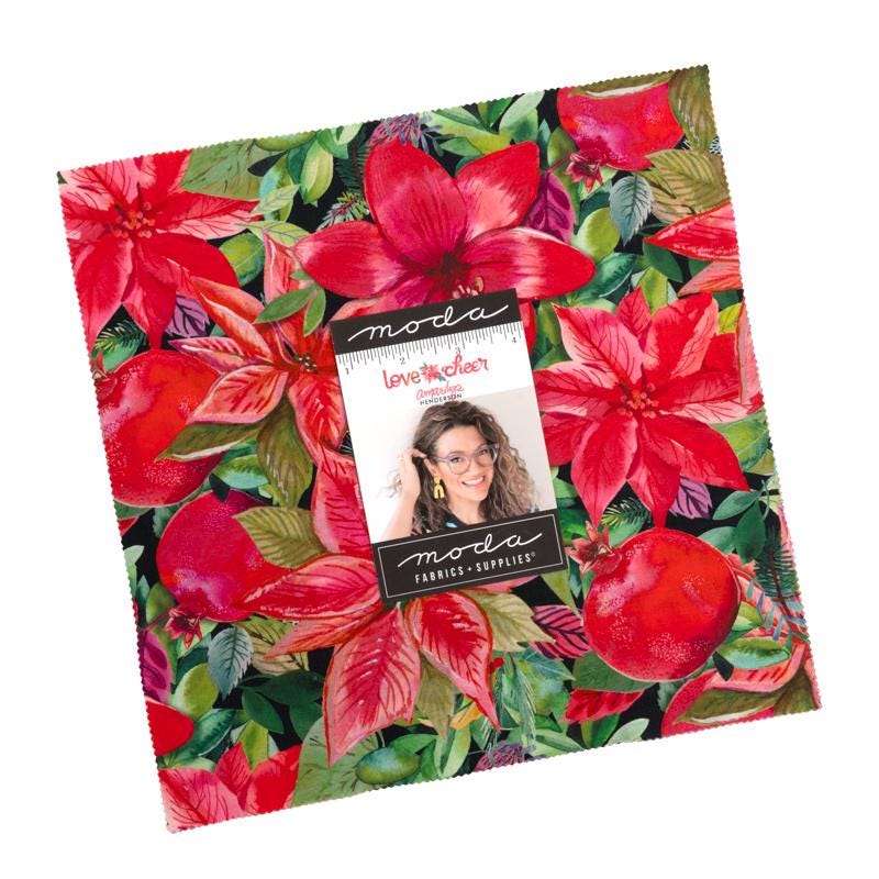 Love and Cheer Christmas Layer Cake - Moda 21830LC, Christmas Poinsettia and Cardinal Layer Cake, Christmas Fabric Precuts
