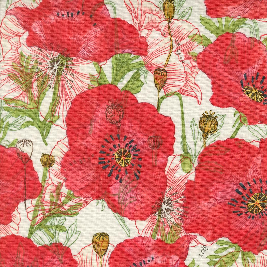 Superbloom Poppy Large Scale Floral Cream Fabric - Robin Pickens for Moda #48781-11, Large Scale Poppies Floral Fabric By the Yard