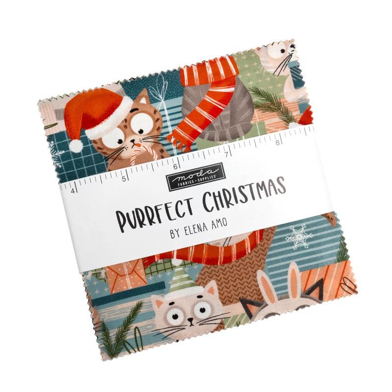 Purrfect Christmas Charm Pack - Moda 39040PP, 42 5" Fabric Squares, Cat Themed Christmas Fabric Charm Pack, Cat Themed Christmas Fabric
