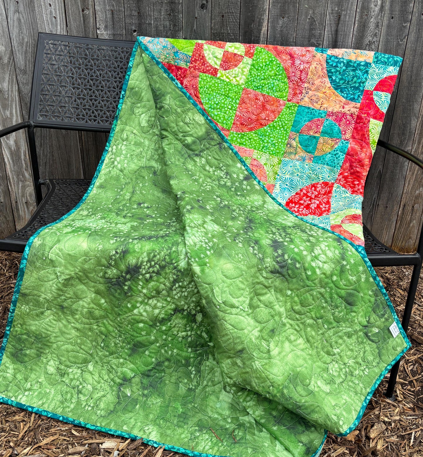 Batik Drunkard's Path Handmade Throw Quilt, Colorful Green Red Teal Batik Quilt for Sale 63" X 63"