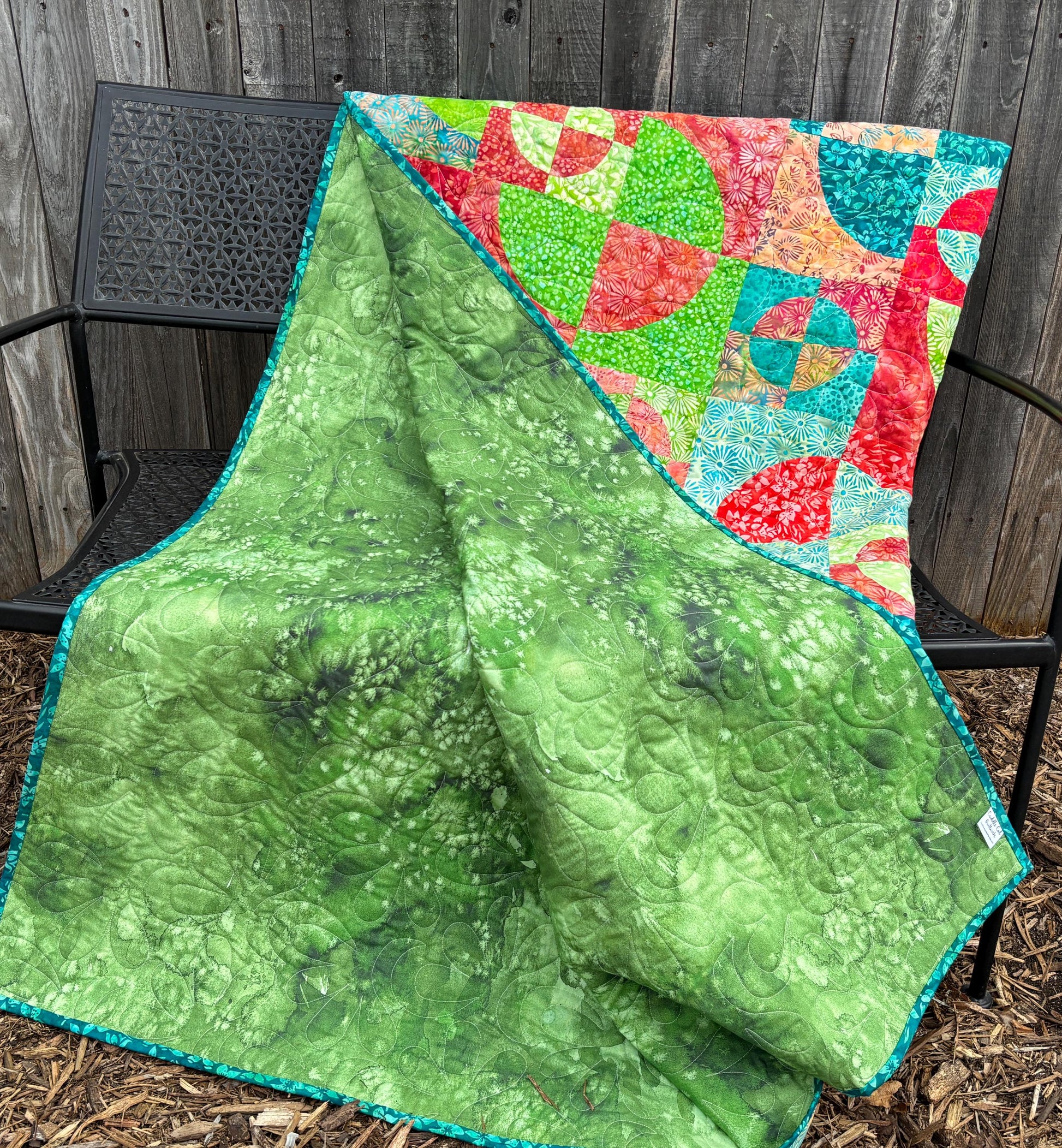 Batik Drunkard's Path Handmade Throw Quilt, Colorful Green Red Teal Batik Quilt for Sale 63" X 63"