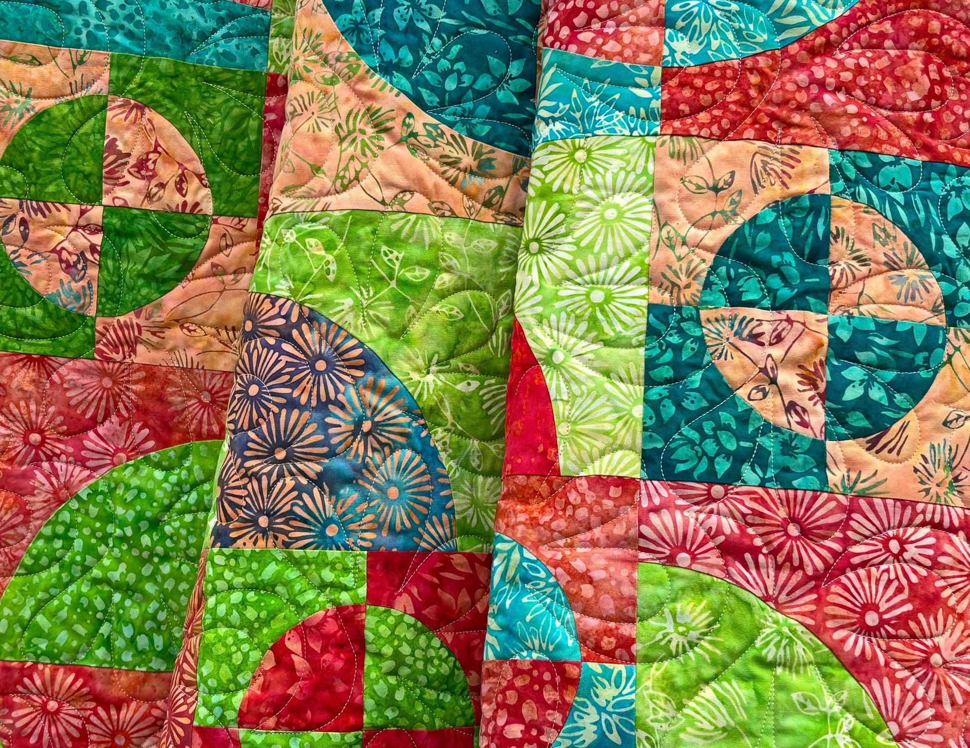 Batik Drunkard's Path Handmade Throw Quilt, Colorful Green Red Teal Batik Quilt for Sale 63" X 63"