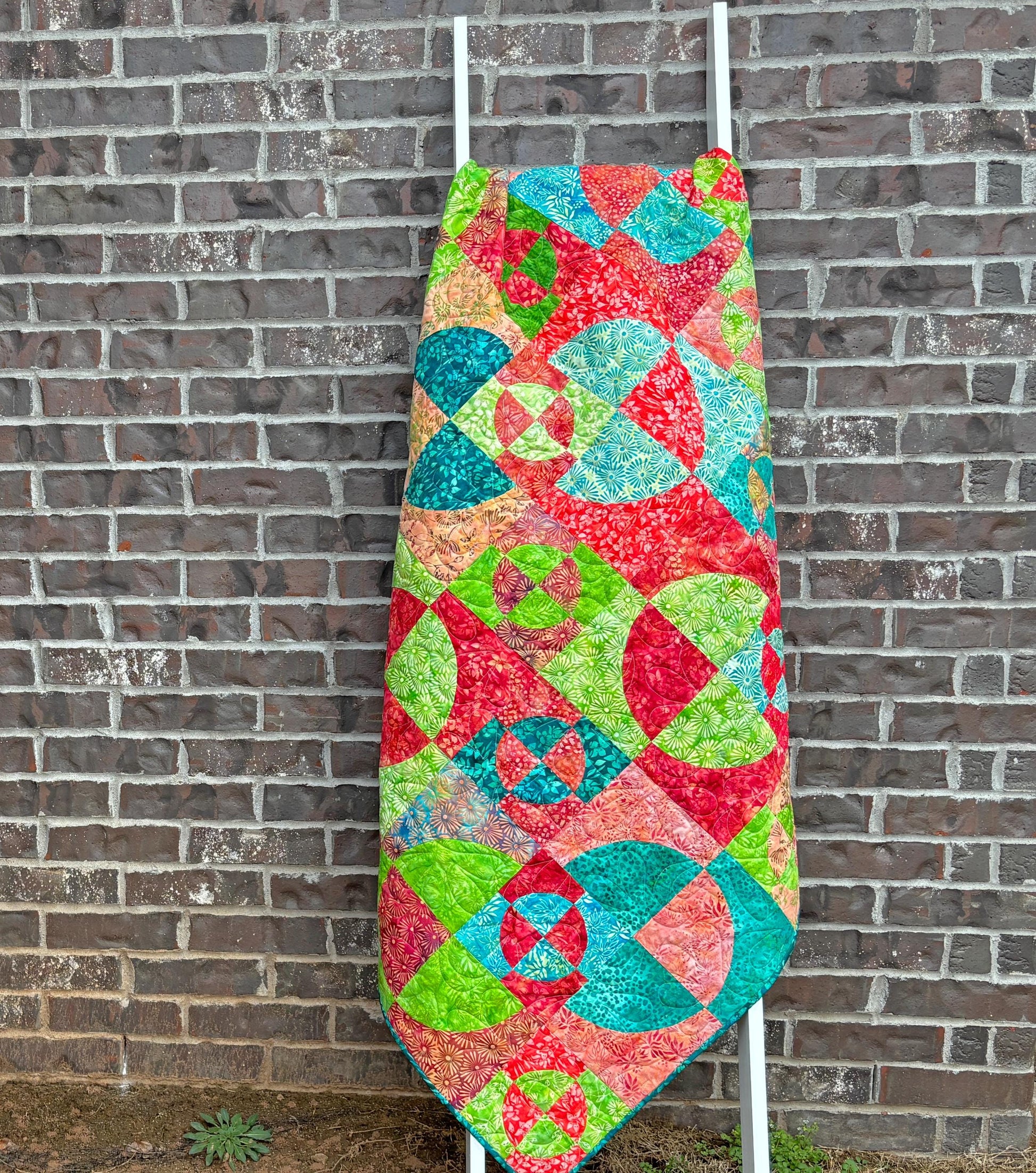 Batik Drunkard's Path Handmade Throw Quilt, Colorful Green Red Teal Batik Quilt for Sale 63" X 63"
