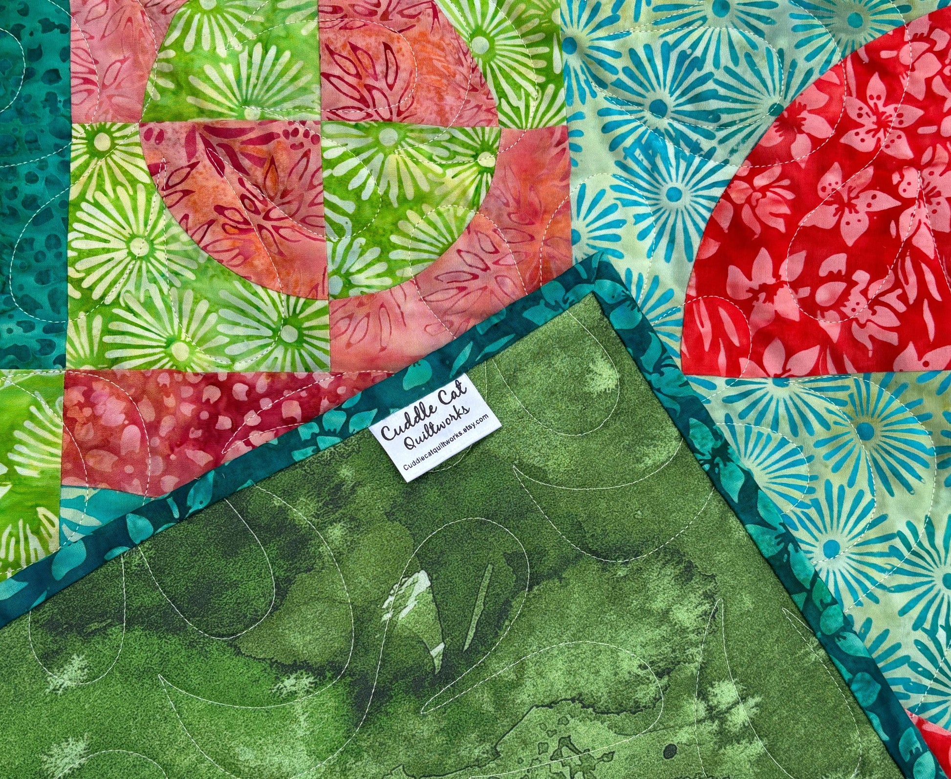 Batik Drunkard's Path Handmade Throw Quilt, Colorful Green Red Teal Batik Quilt for Sale 63" X 63"