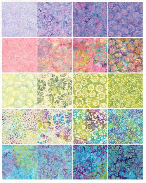 Island Batik Garden Bloom Strip Pack - 40 2 1/2" Pre Cut Fabric Strips, Pastel Colors Batik Strip Pack, Green Blue Pink Batik Fabric Strips