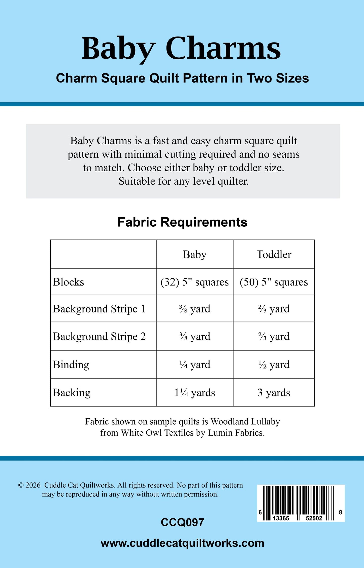 Baby Charms Quilt Pattern with Two Size Options PDF Version, Cuddle Cat Quiltworks CCQ097, Baby or Toddler Quilt Pattern for Charm Squares