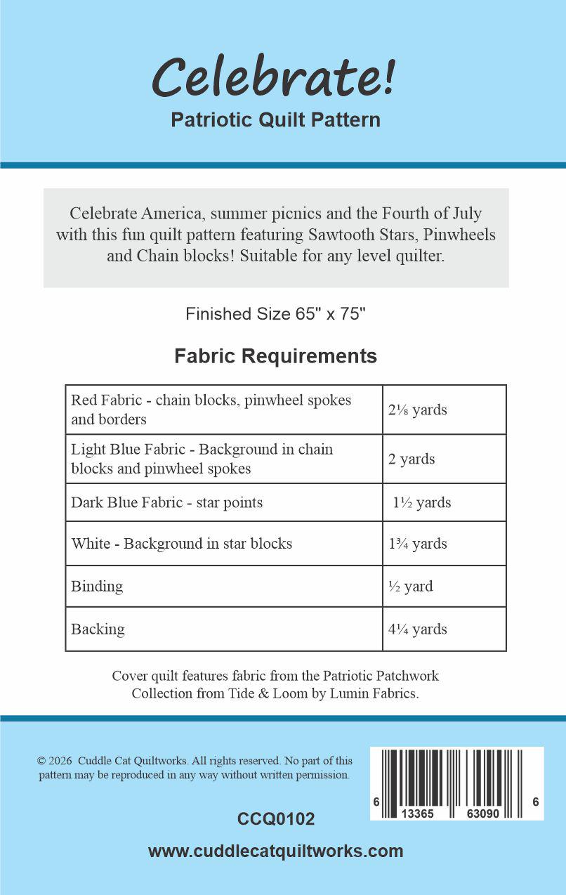 Celebrate! Patriotic Quilt Pattern - Printed Version - Cuddle Cat Quiltworks CCQ0102, Sawtooth Stars Patriotic Quilt Pattern, QOV Pattern
