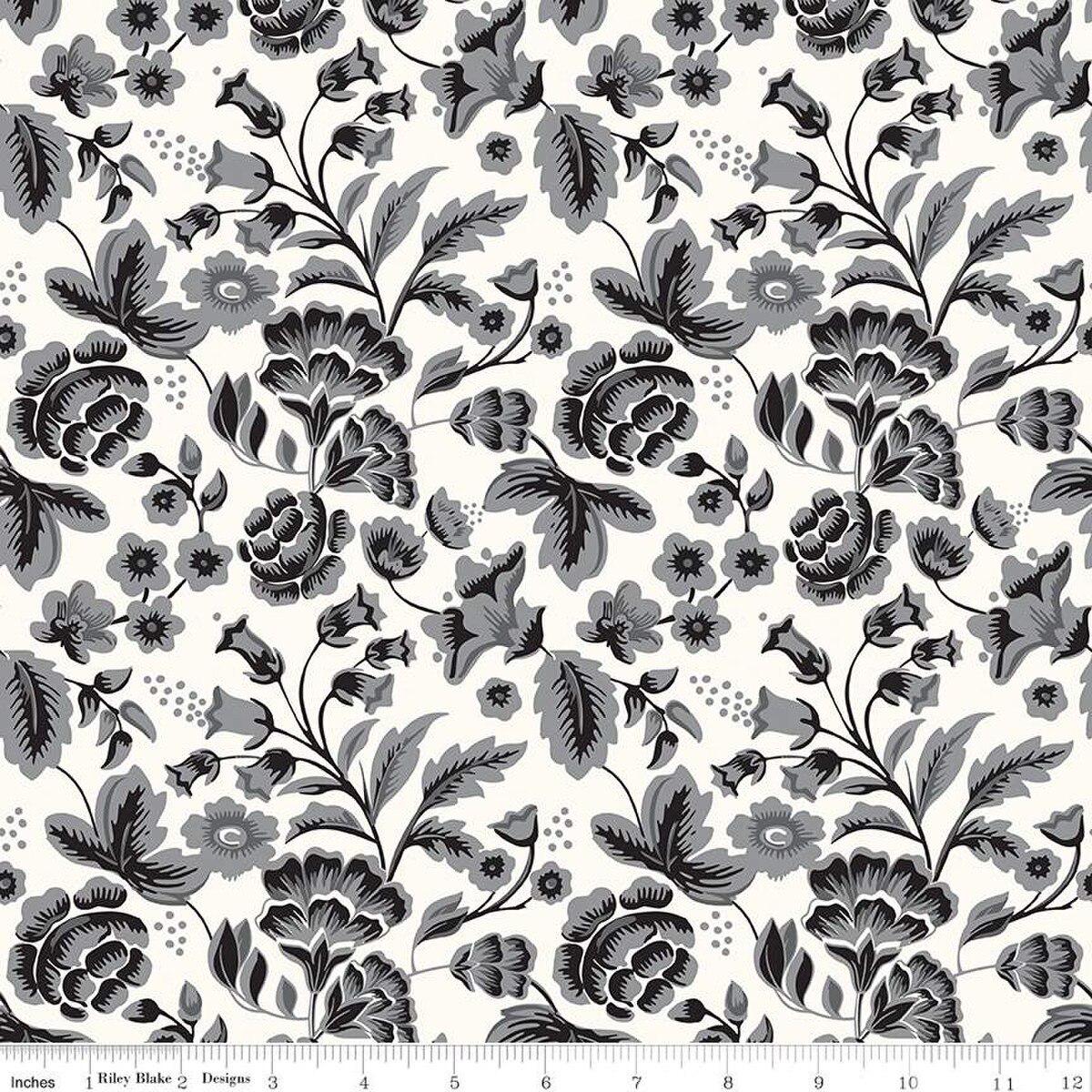 Midnight Meadow Main Cream Fabric - Riley Blake Designs C15320R-CREAM, Black and White Floral Fabric - By the Yard