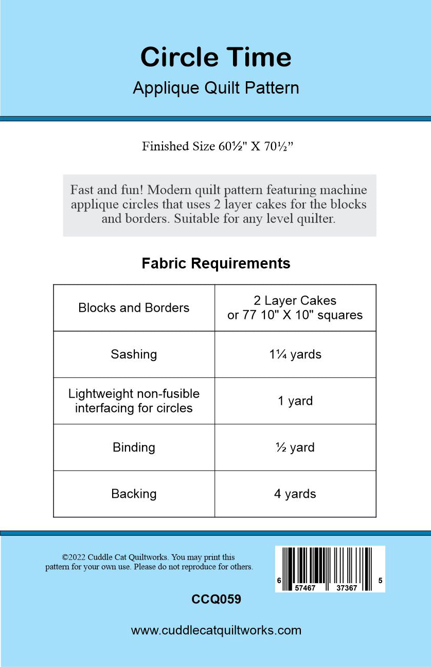 Back cover of Circle Time quilt pattern