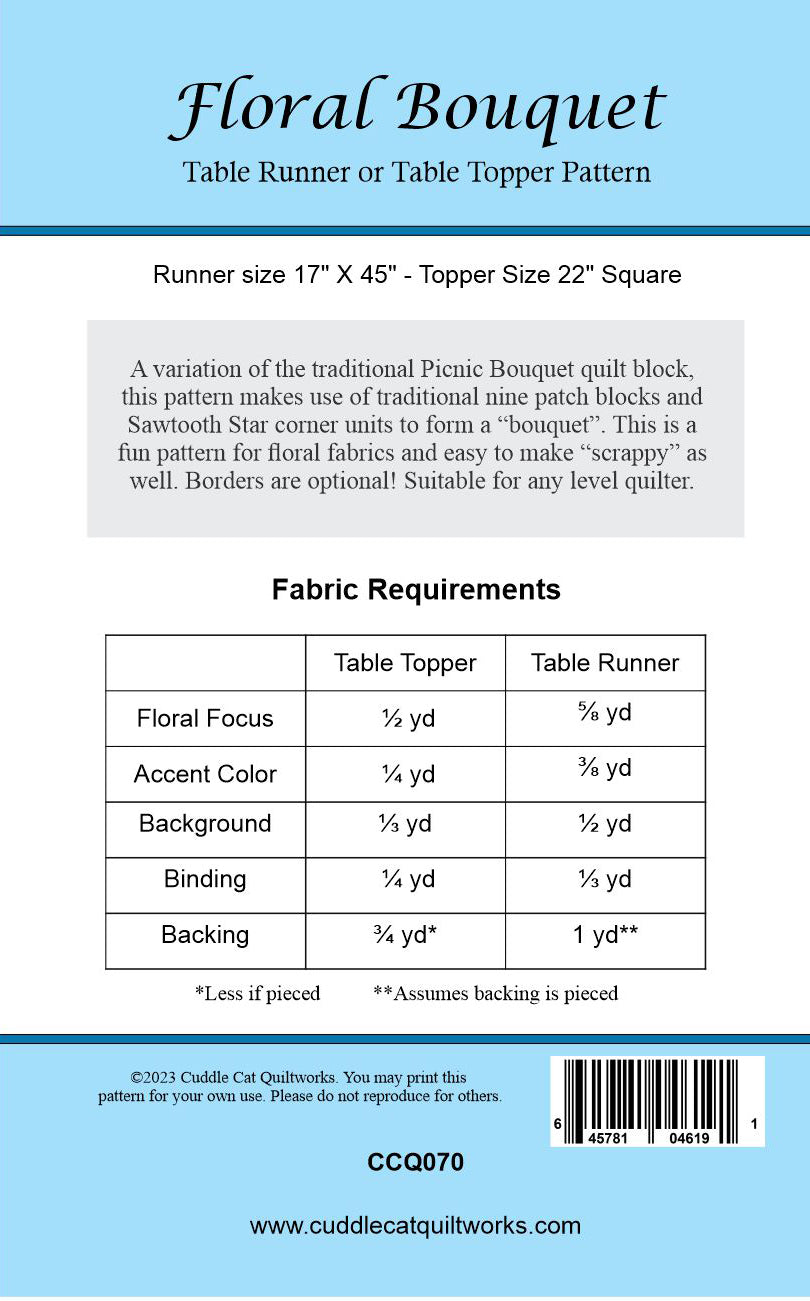 Back cover of Floral Bouquet table runner and topper pattern