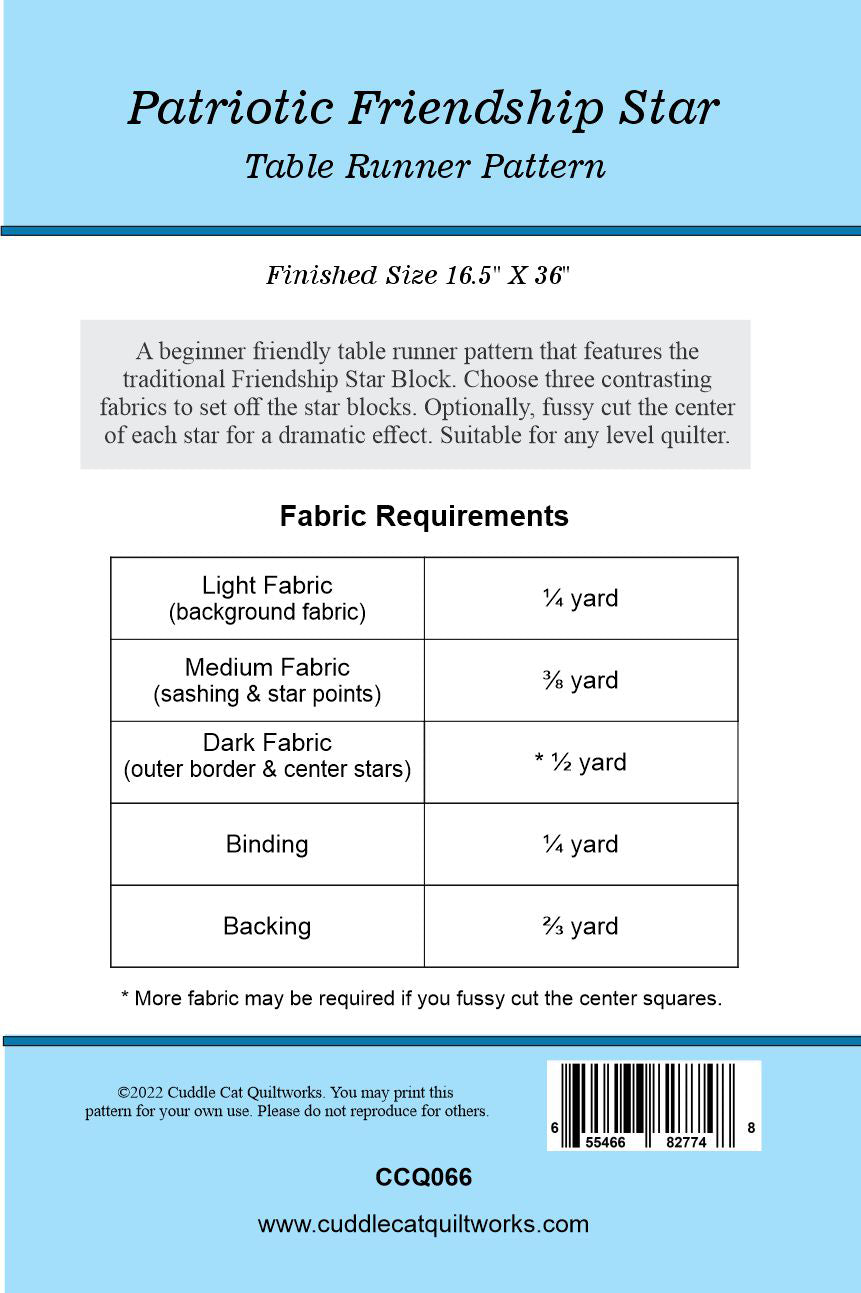 Patriotic Friendship Star Table Runner Pattern - Digital Pattern - Cuddle Cat Quiltworks CCQ066