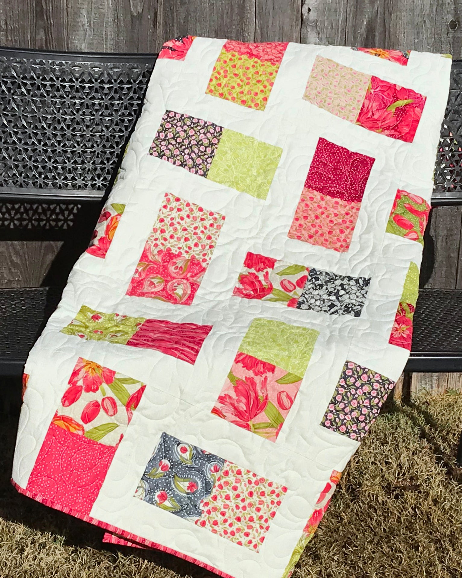 Pink Green and White Floral Patchwork Quilt - Handmade Quilts, Digital Patterns, and Home Décor items online - Cuddle Cat Quiltworks