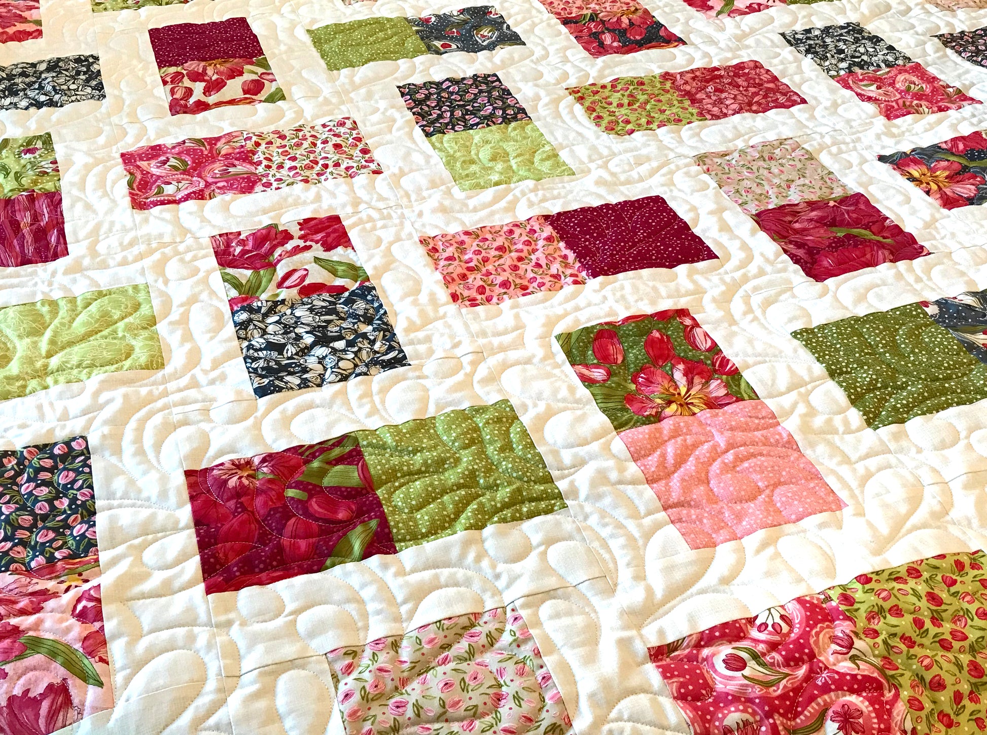 Pink Green and White Floral Patchwork Quilt - Handmade Quilts, Digital Patterns, and Home Décor items online - Cuddle Cat Quiltworks