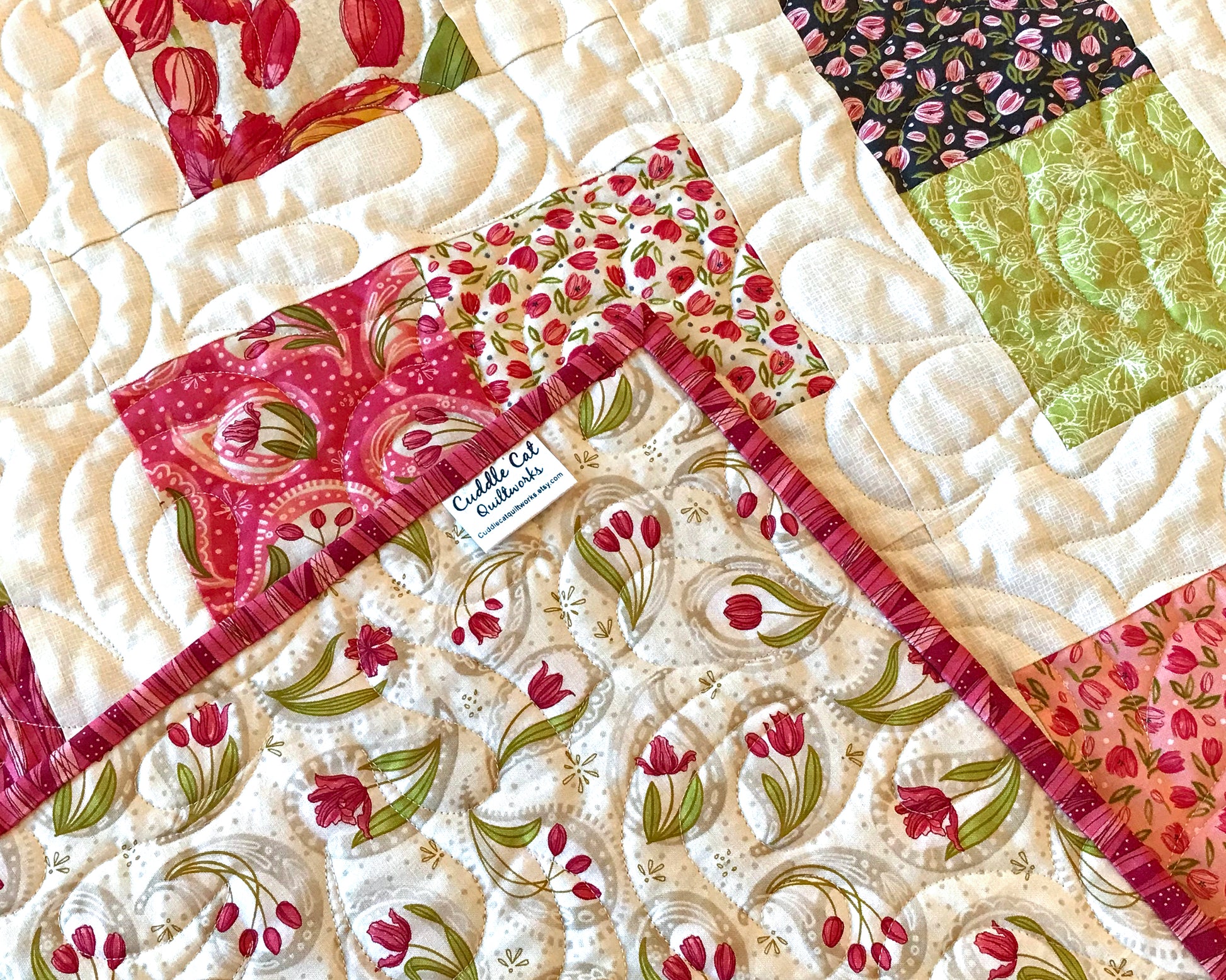 Pink Green and White Floral Patchwork Quilt - Handmade Quilts, Digital Patterns, and Home Décor items online - Cuddle Cat Quiltworks