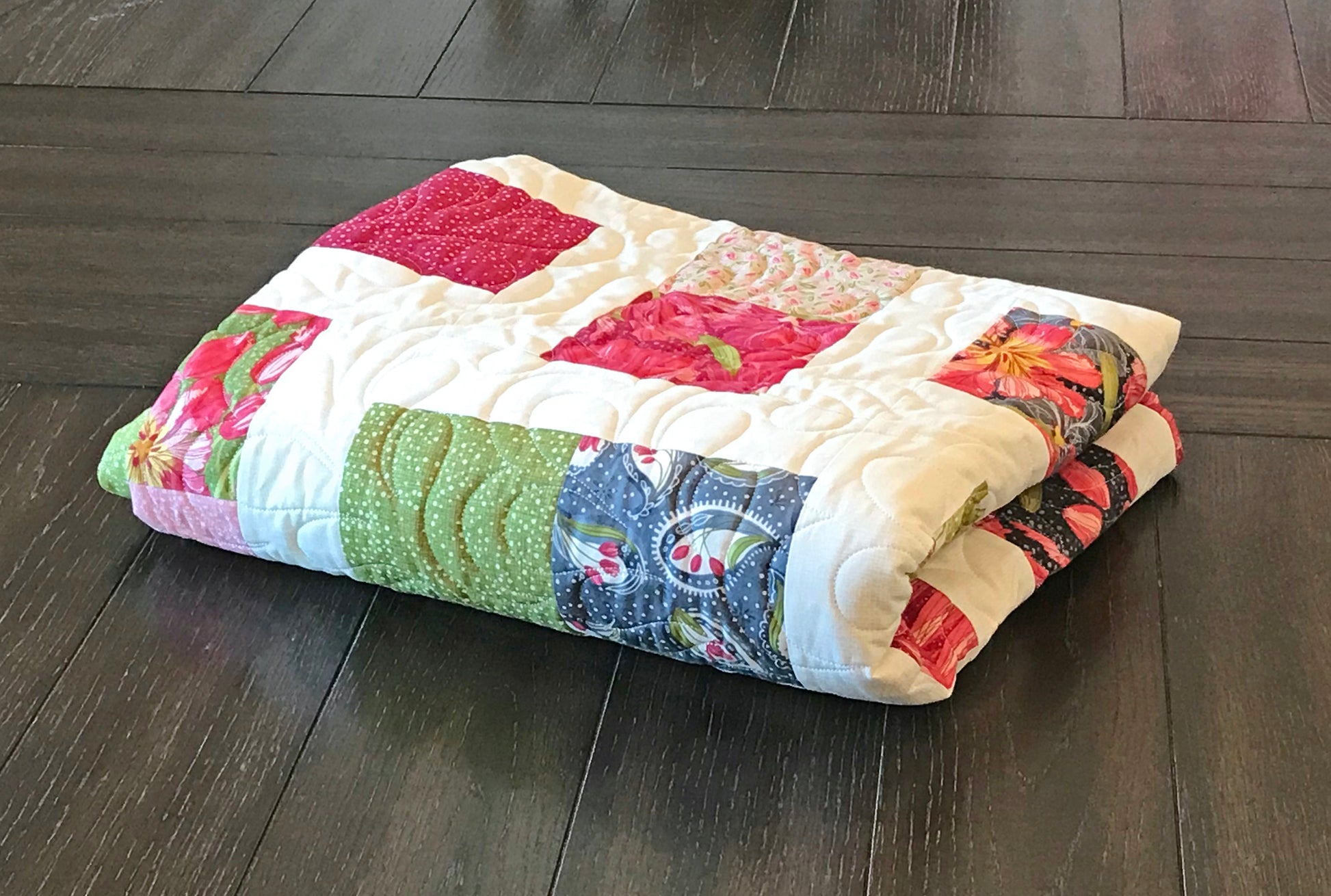 Pink Green and White Floral Patchwork Quilt - Handmade Quilts, Digital Patterns, and Home Décor items online - Cuddle Cat Quiltworks