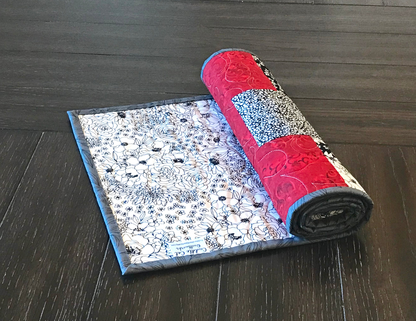 Gray and Red Patchwork Table Runner - Handmade Quilts, Digital Patterns, and Home Décor items online - Cuddle Cat Quiltworks
