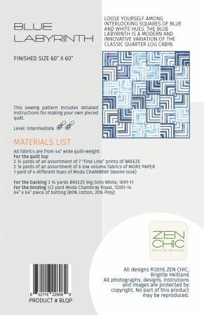 Blue Labyrinth Quilt Pattern - Zen Chic ZCBLQP, Modern Log Cabin Quilt Pattern - Pieced Quarter Log Cabin Quilt Pattern