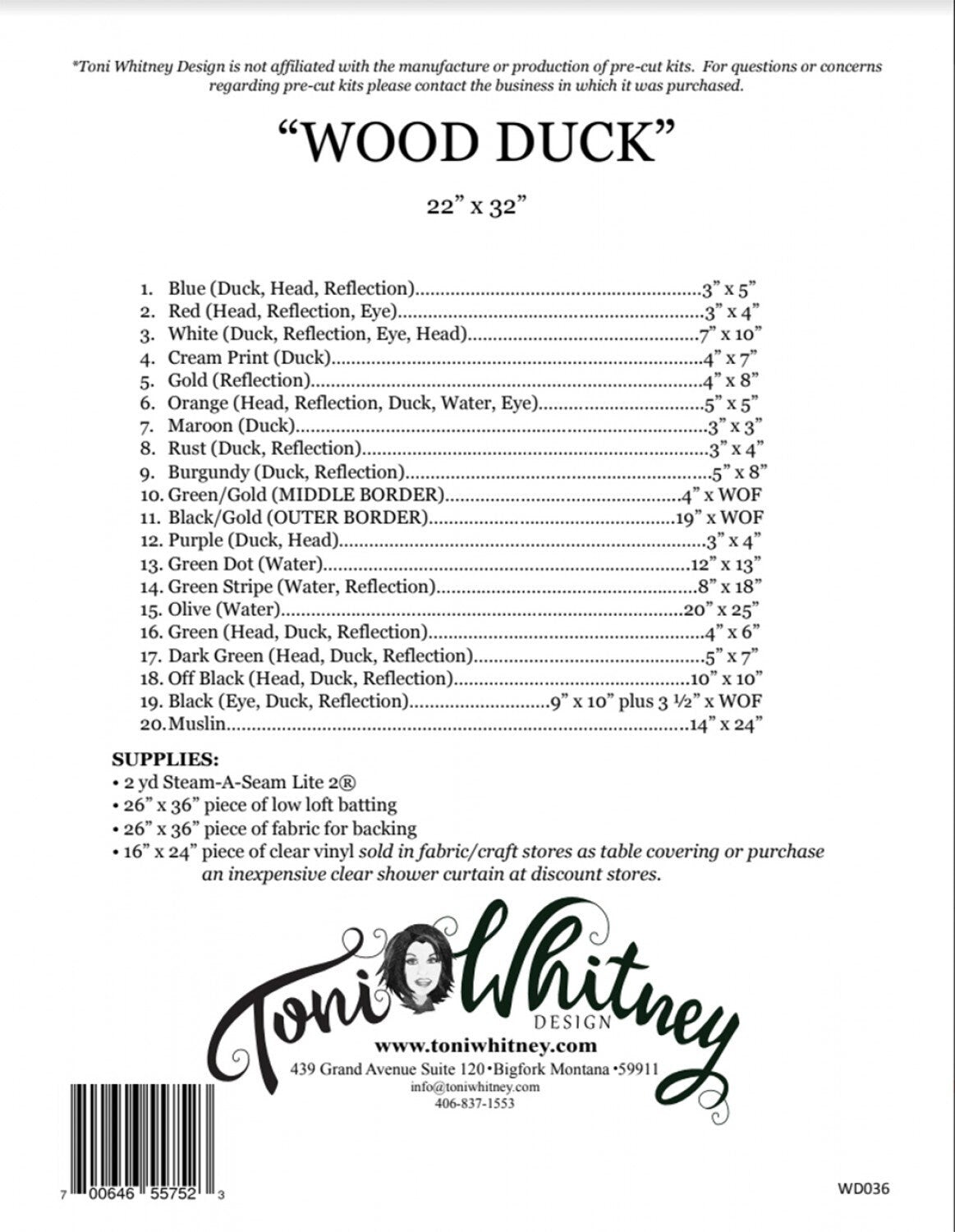 Wood Duck Pattern by Toni Whitney Design Applique Quilt Pattern WD036TW, Art Quilt Pattern, Raw Edge Applique Quilt Pattern
