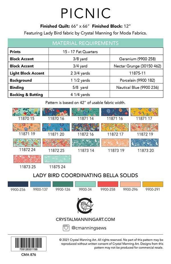 Picnic Quilt Pattern - Crystal Manning CMA 876, Fat Quarter Friendly Quilt Pattern, Lady Bird Quilt Pattern, Scrappy Quilt Pattern