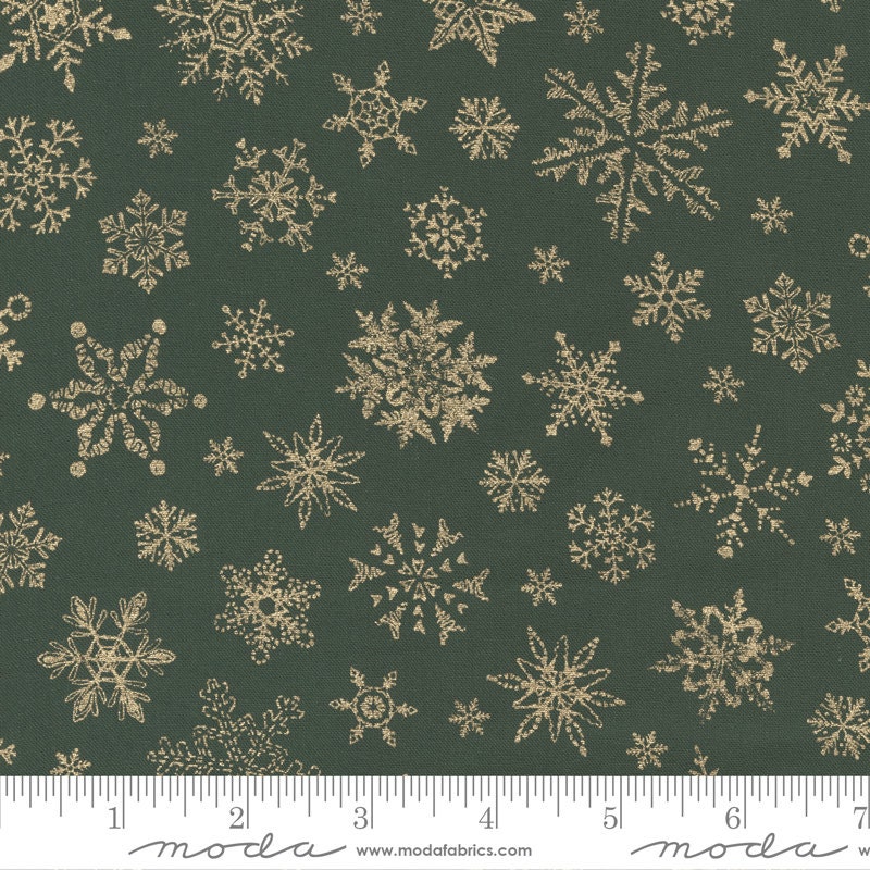 Merry Manor Evergreen Snowflake Metallic Fabric - Moda 33663-13M, Green and Gold Snowflake Christmas Fabric By the Yard