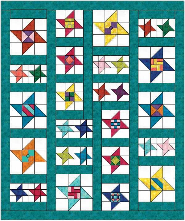 Star Gazing modern star sampler quilt pattern displayed in alternate color scheme. Stars are in various sizes with various fabrics on a teal background.
