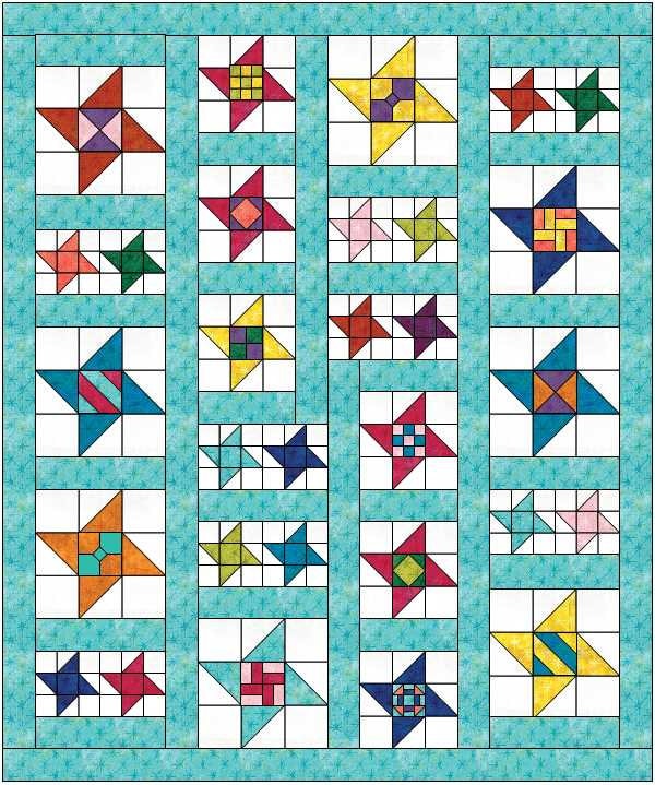 Star Gazing modern star sampler quilt pattern displayed in alternate color scheme. Stars are in various sizes with various fabrics on an aqua background.