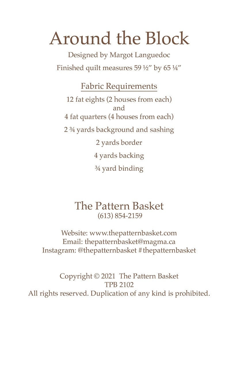 Around the Block Quilt Pattern - The Pattern Basket TPB2102, Houses Quilt Pattern, Fat Eighth and Fat Quarter Friendly House Quilt Pattern