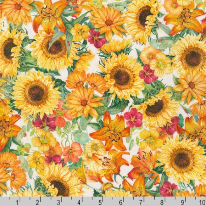 Seeds to Sew Sunflower Garden Fabric - Robert Kaufman Fabrics AIGD22185238, Sunflower Themed Fabric, Sunflower Floral Fabric By the Yard