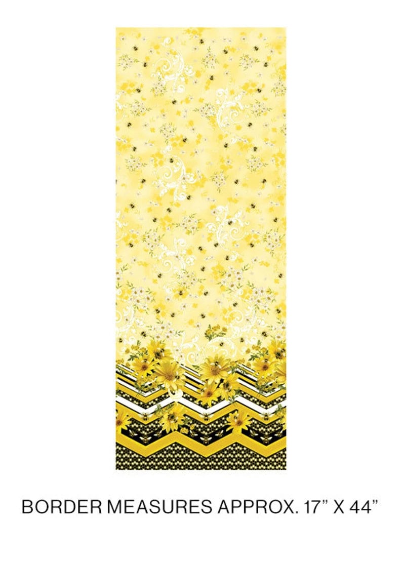 Buzzworthy Repeating Border Metallic Fabric - Benartex Kanvas 9973M-33, Yellow Floral Border Fabric By the Yard