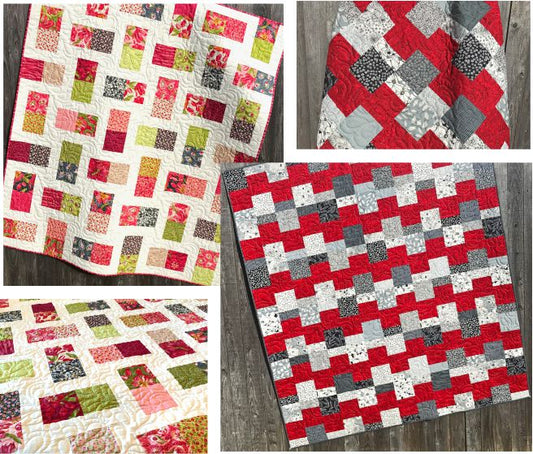 Collage of Hidden Charms and Stair Steppin quilt patterns with full and close up photos